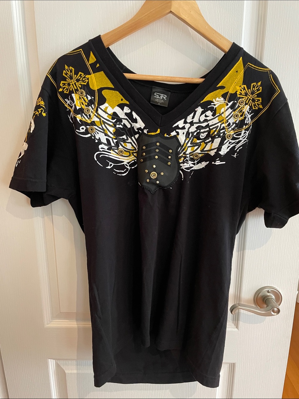 Affliction Black V-Neck Tee with Yellow and White Graphic